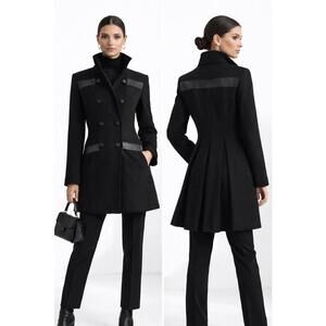 Calvin Klein Black Wool Blend Pea Coat Leather Trim Pleated Back PS
